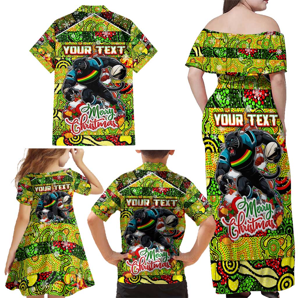 Custom Panthers Rugby Merry Christmas Family Matching Off Shoulder Maxi Dress and Hawaiian Shirt Indigenous Australian Art
