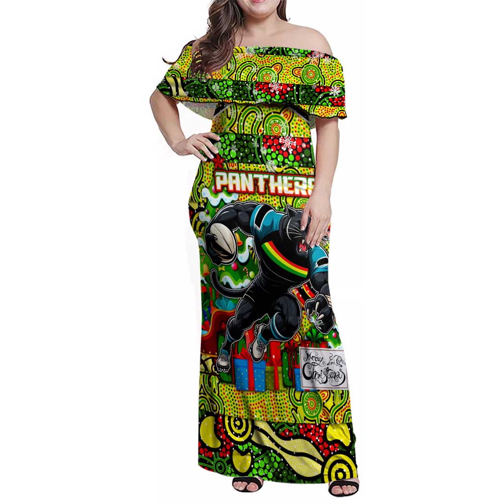Custom Panthers Rugby Merry Christmas Family Matching Off Shoulder Maxi Dress and Hawaiian Shirt Indigenous Australian Art