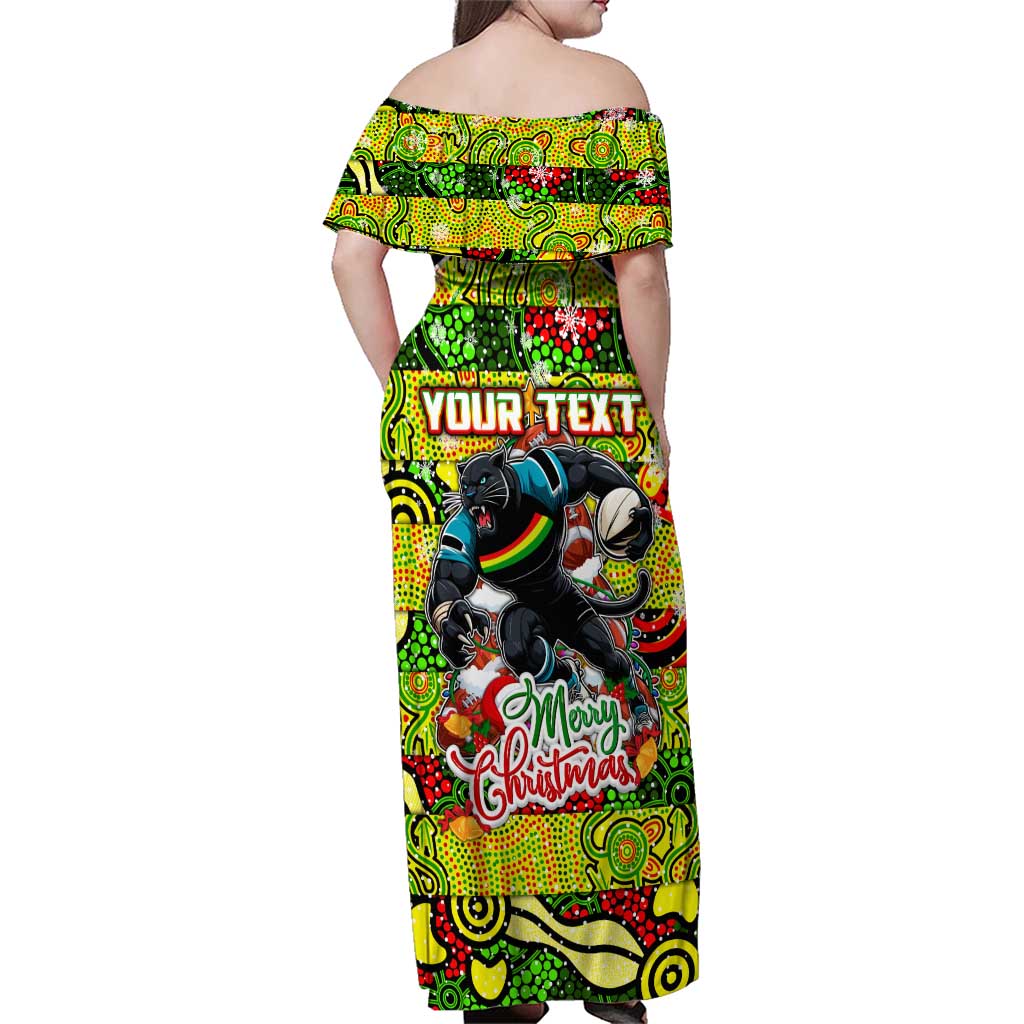 Custom Panthers Rugby Merry Christmas Family Matching Off Shoulder Maxi Dress and Hawaiian Shirt Indigenous Australian Art
