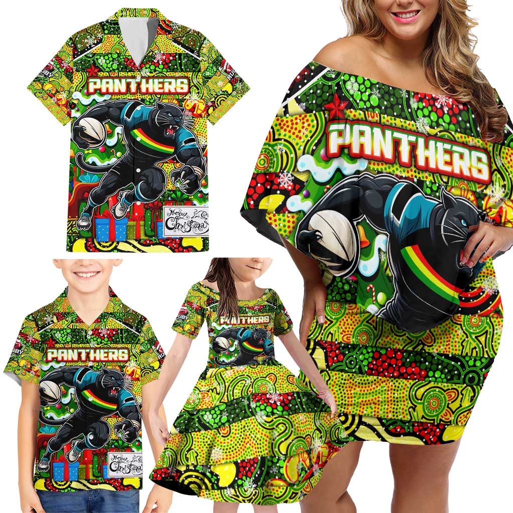 Custom Panthers Rugby Merry Christmas Family Matching Off Shoulder Short Dress and Hawaiian Shirt Indigenous Australian Art
