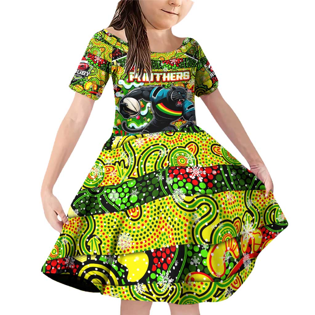 Custom Panthers Rugby Merry Christmas Family Matching Off Shoulder Short Dress and Hawaiian Shirt Indigenous Australian Art