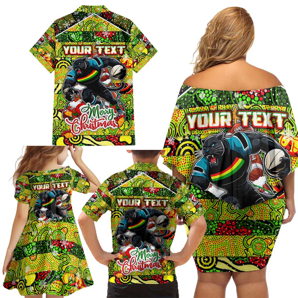 Custom Panthers Rugby Merry Christmas Family Matching Off Shoulder Short Dress and Hawaiian Shirt Indigenous Australian Art