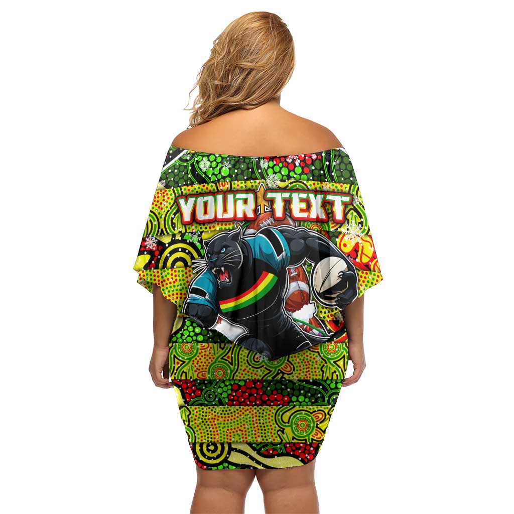Custom Panthers Rugby Merry Christmas Family Matching Off Shoulder Short Dress and Hawaiian Shirt Indigenous Australian Art