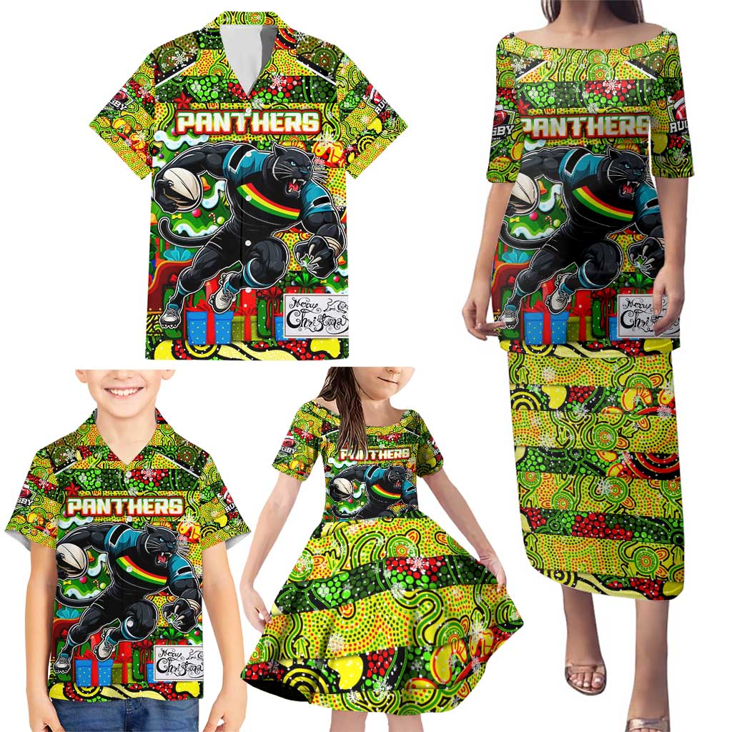 Custom Panthers Rugby Merry Christmas Family Matching Puletasi and Hawaiian Shirt Indigenous Australian Art