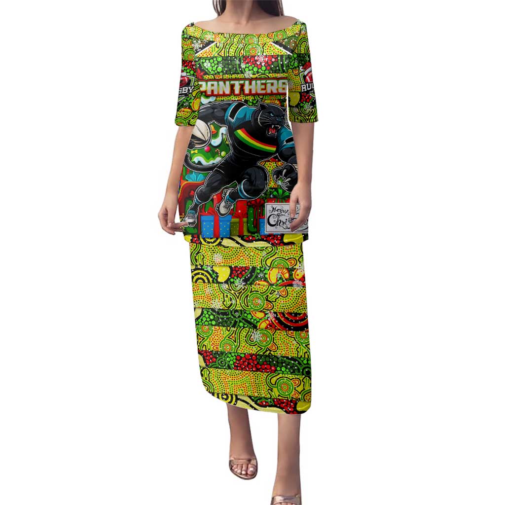 Custom Panthers Rugby Merry Christmas Family Matching Puletasi and Hawaiian Shirt Indigenous Australian Art
