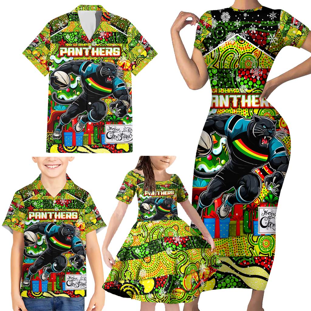 Custom Panthers Rugby Merry Christmas Family Matching Short Sleeve Bodycon Dress and Hawaiian Shirt Indigenous Australian Art