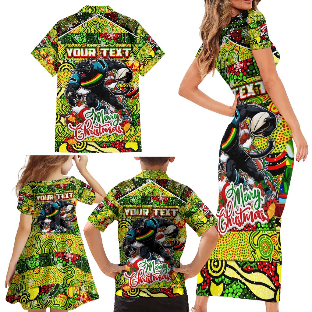 Custom Panthers Rugby Merry Christmas Family Matching Short Sleeve Bodycon Dress and Hawaiian Shirt Indigenous Australian Art