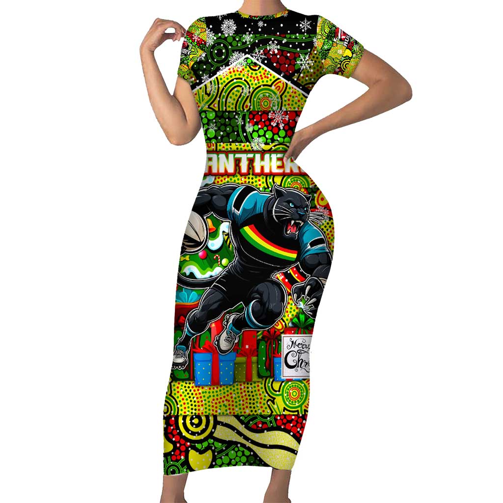 Custom Panthers Rugby Merry Christmas Family Matching Short Sleeve Bodycon Dress and Hawaiian Shirt Indigenous Australian Art