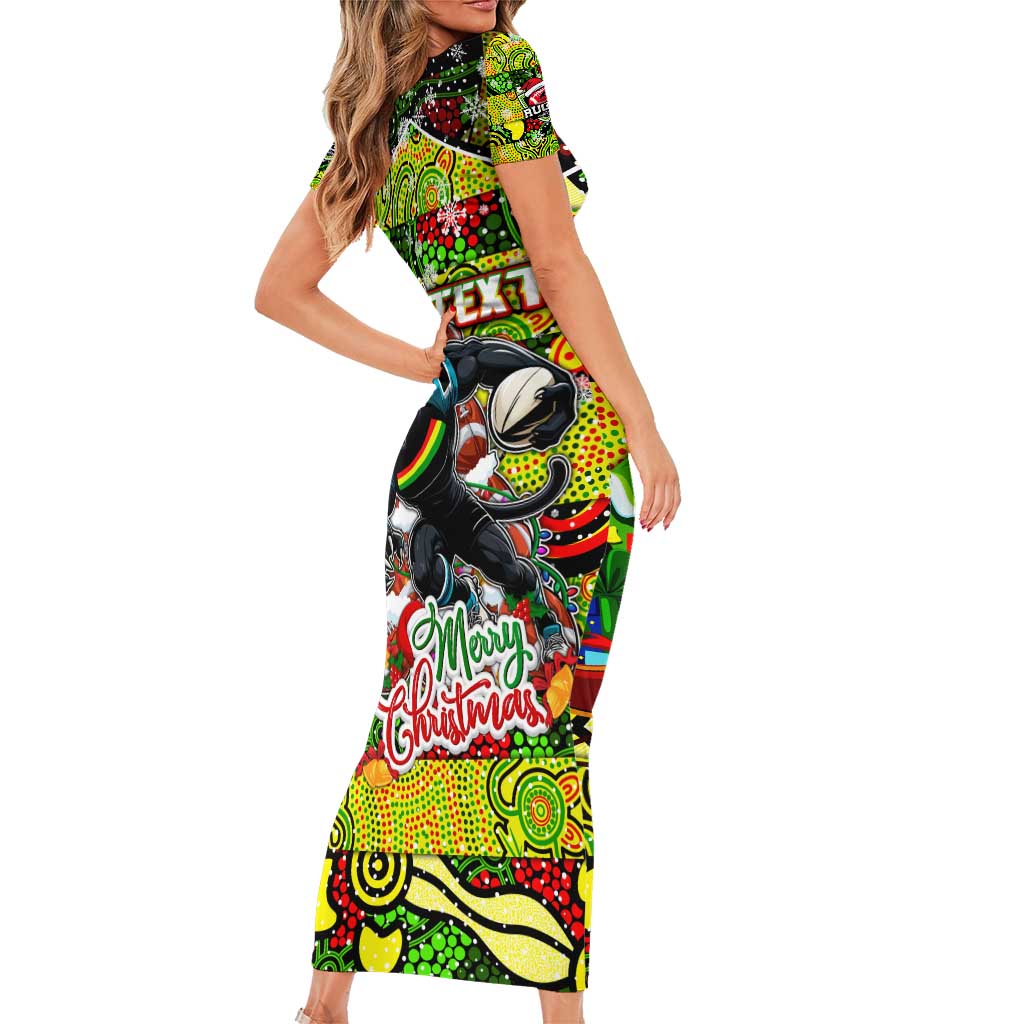 Custom Panthers Rugby Merry Christmas Family Matching Short Sleeve Bodycon Dress and Hawaiian Shirt Indigenous Australian Art