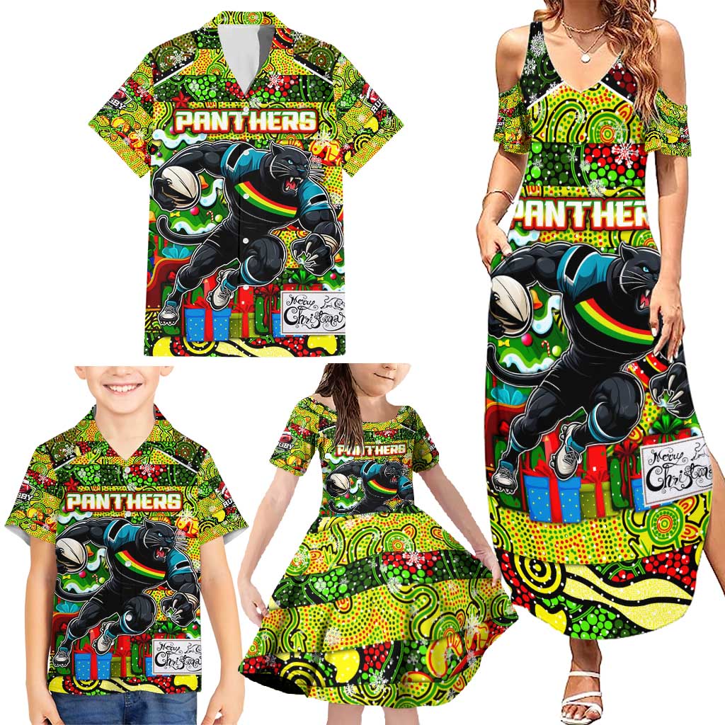 Custom Panthers Rugby Merry Christmas Family Matching Summer Maxi Dress and Hawaiian Shirt Indigenous Australian Art