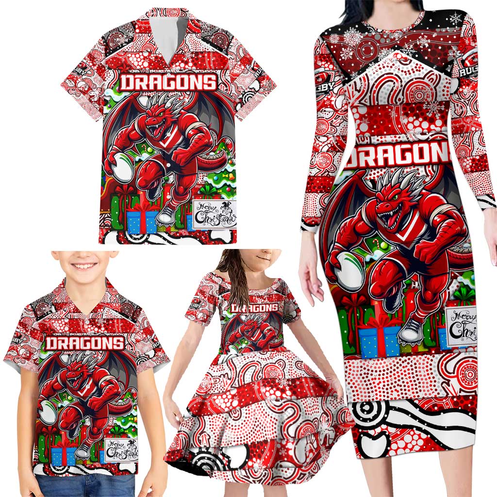 Custom Dragons Rugby Merry Christmas Family Matching Long Sleeve Bodycon Dress and Hawaiian Shirt Indigenous Australian Art