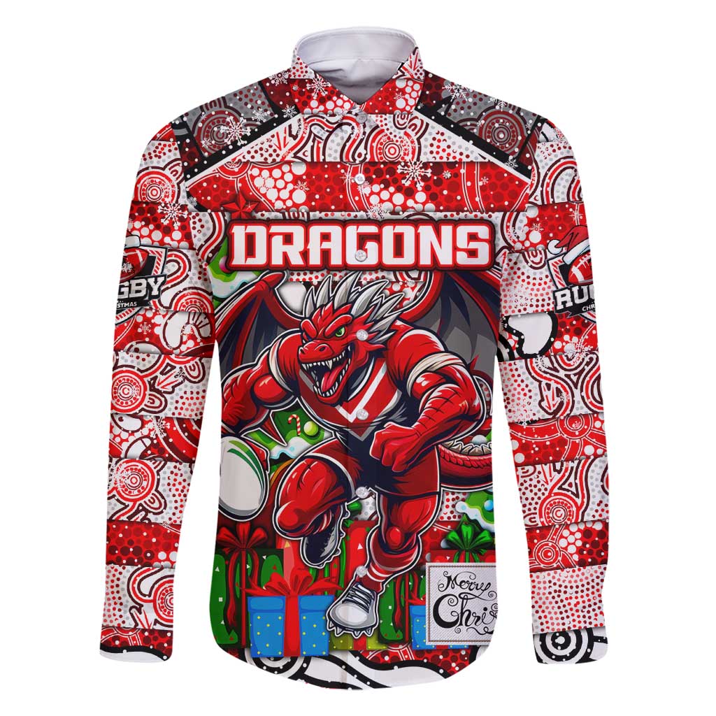 Custom Dragons Rugby Merry Christmas Family Matching Long Sleeve Bodycon Dress and Hawaiian Shirt Indigenous Australian Art