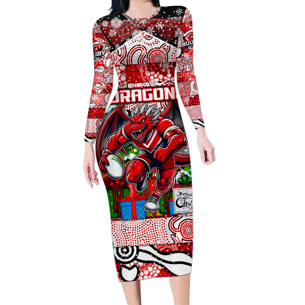 Custom Dragons Rugby Merry Christmas Family Matching Long Sleeve Bodycon Dress and Hawaiian Shirt Indigenous Australian Art