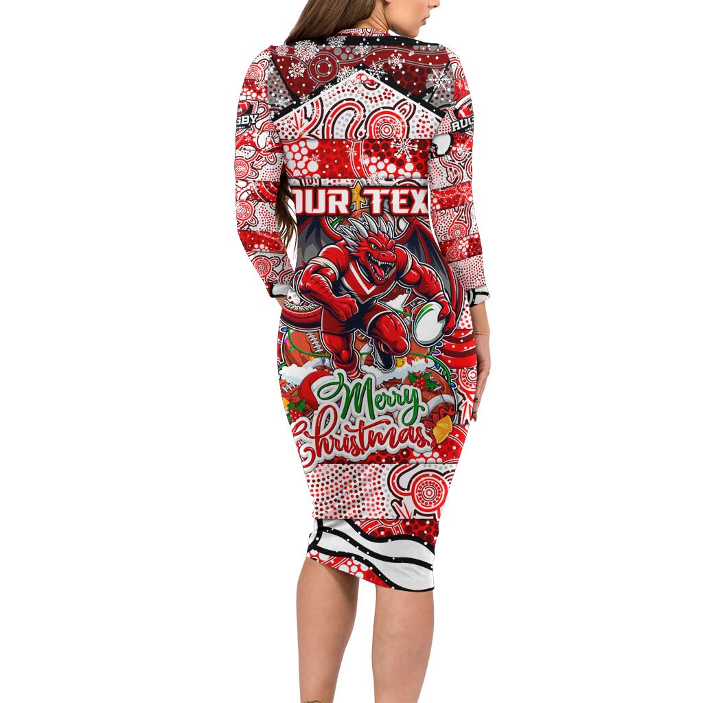 Custom Dragons Rugby Merry Christmas Family Matching Long Sleeve Bodycon Dress and Hawaiian Shirt Indigenous Australian Art