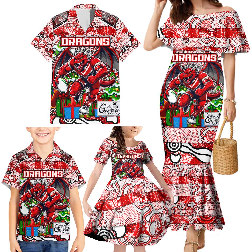 Custom Dragons Rugby Merry Christmas Family Matching Mermaid Dress and Hawaiian Shirt Indigenous Australian Art