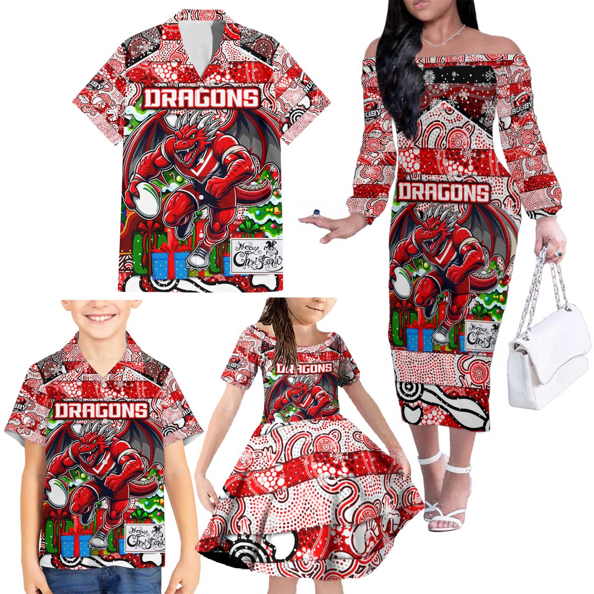 Custom Dragons Rugby Merry Christmas Family Matching Off The Shoulder Long Sleeve Dress and Hawaiian Shirt Indigenous Australian Art