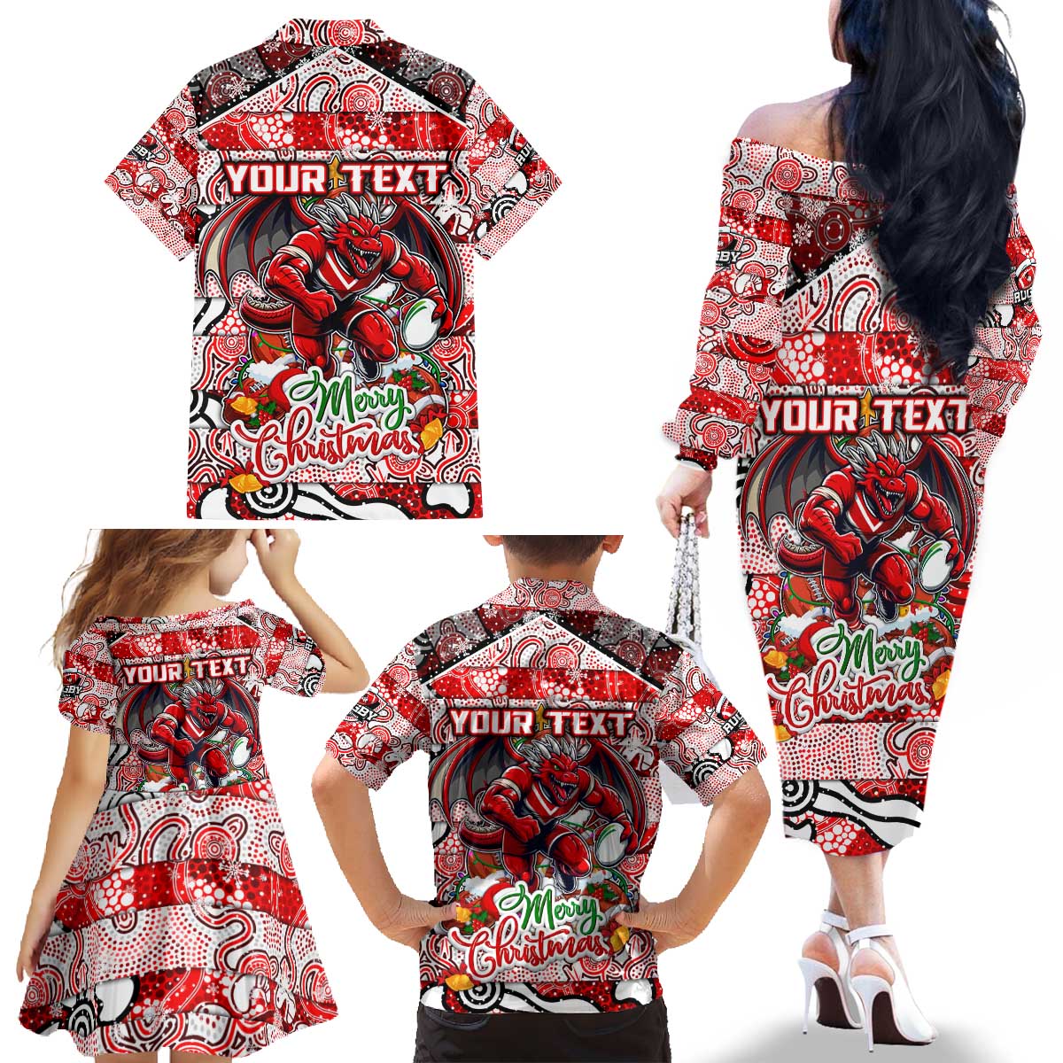 Custom Dragons Rugby Merry Christmas Family Matching Off The Shoulder Long Sleeve Dress and Hawaiian Shirt Indigenous Australian Art