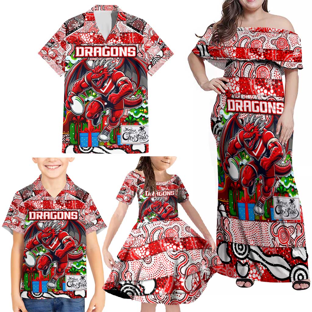 Custom Dragons Rugby Merry Christmas Family Matching Off Shoulder Maxi Dress and Hawaiian Shirt Indigenous Australian Art