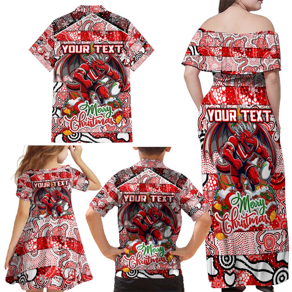 Custom Dragons Rugby Merry Christmas Family Matching Off Shoulder Maxi Dress and Hawaiian Shirt Indigenous Australian Art