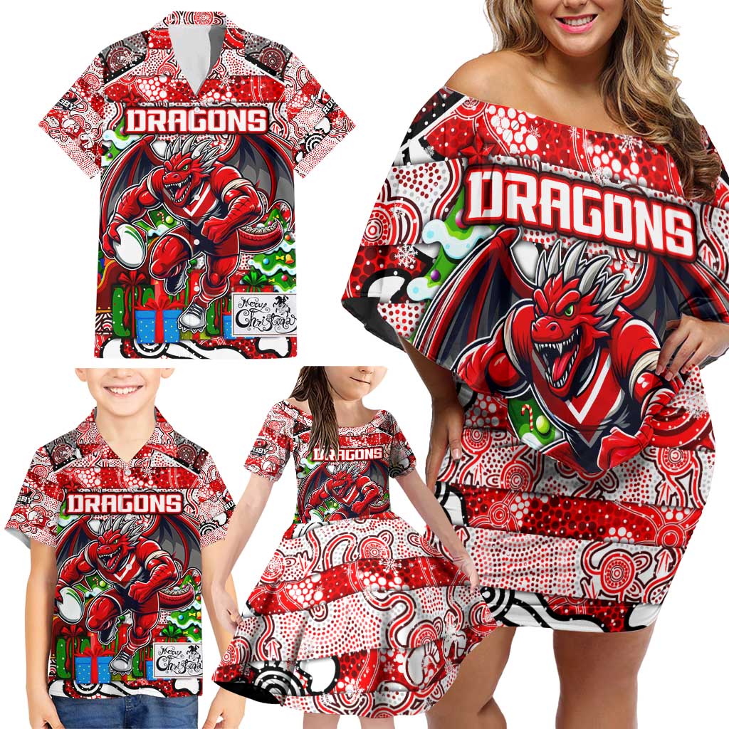 Custom Dragons Rugby Merry Christmas Family Matching Off Shoulder Short Dress and Hawaiian Shirt Indigenous Australian Art