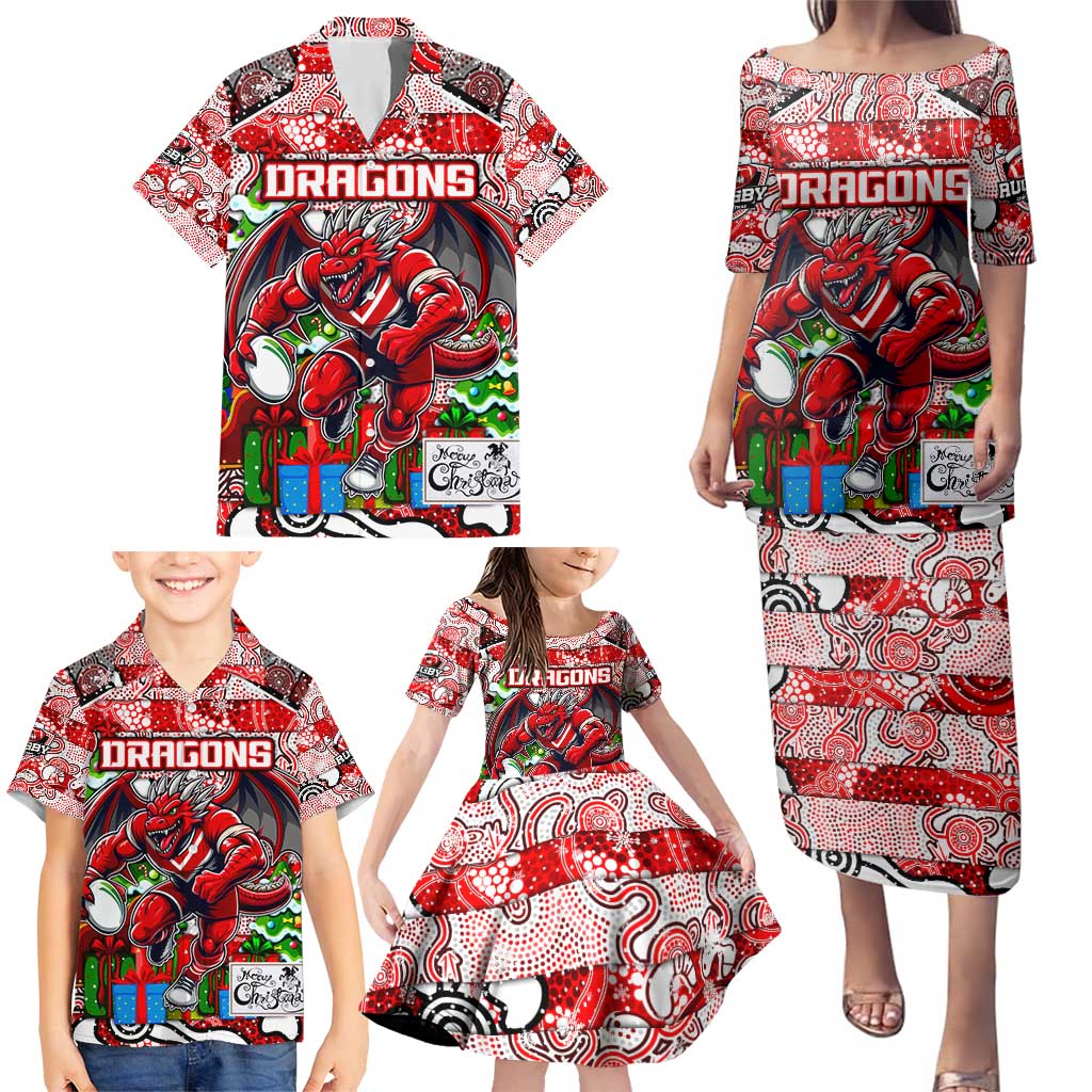 Custom Dragons Rugby Merry Christmas Family Matching Puletasi and Hawaiian Shirt Indigenous Australian Art