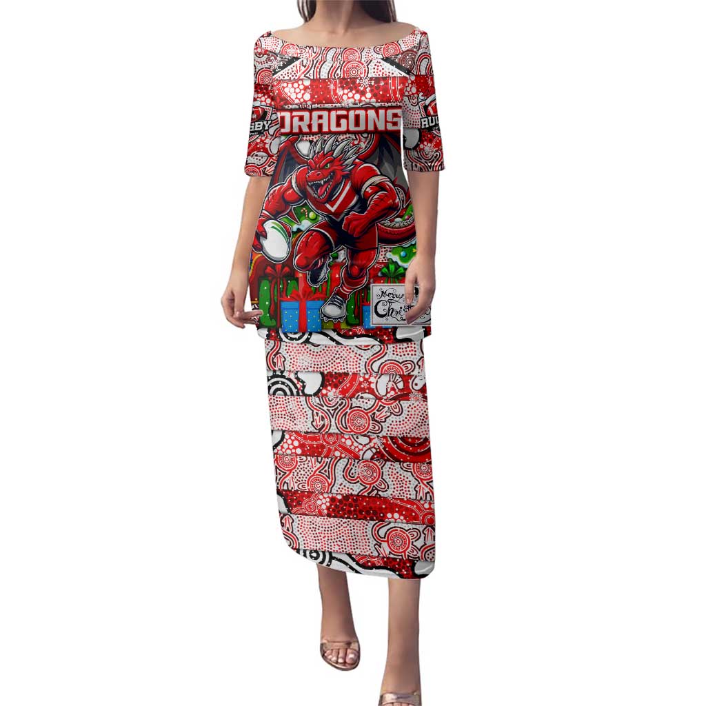 Custom Dragons Rugby Merry Christmas Family Matching Puletasi and Hawaiian Shirt Indigenous Australian Art