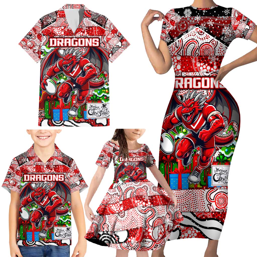 Custom Dragons Rugby Merry Christmas Family Matching Short Sleeve Bodycon Dress and Hawaiian Shirt Indigenous Australian Art
