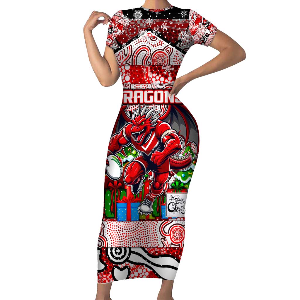 Custom Dragons Rugby Merry Christmas Family Matching Short Sleeve Bodycon Dress and Hawaiian Shirt Indigenous Australian Art
