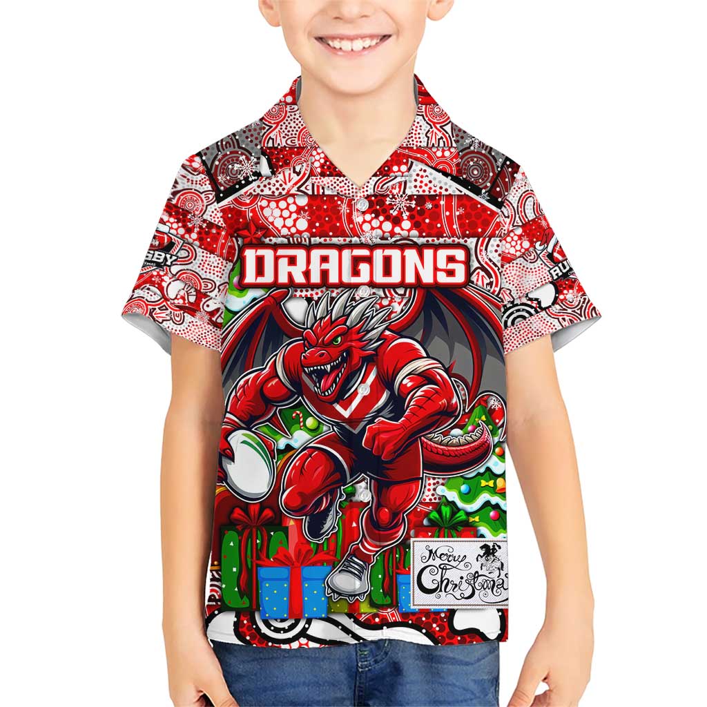 Custom Dragons Rugby Merry Christmas Family Matching Short Sleeve Bodycon Dress and Hawaiian Shirt Indigenous Australian Art