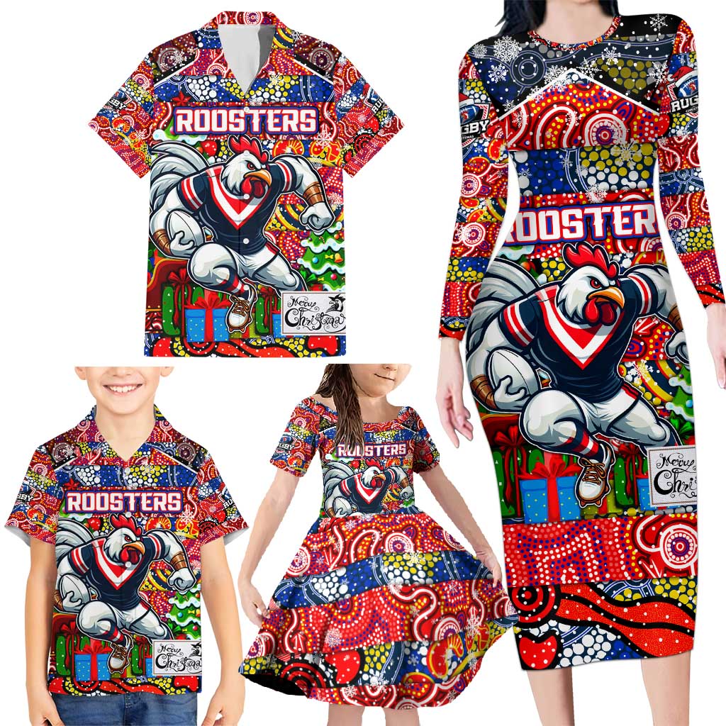 Custom Roosters Rugby Merry Christmas Family Matching Long Sleeve Bodycon Dress and Hawaiian Shirt Indigenous Australian Art