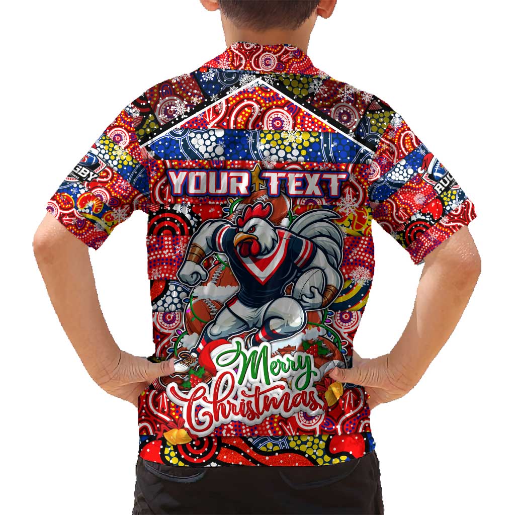 Custom Roosters Rugby Merry Christmas Family Matching Long Sleeve Bodycon Dress and Hawaiian Shirt Indigenous Australian Art