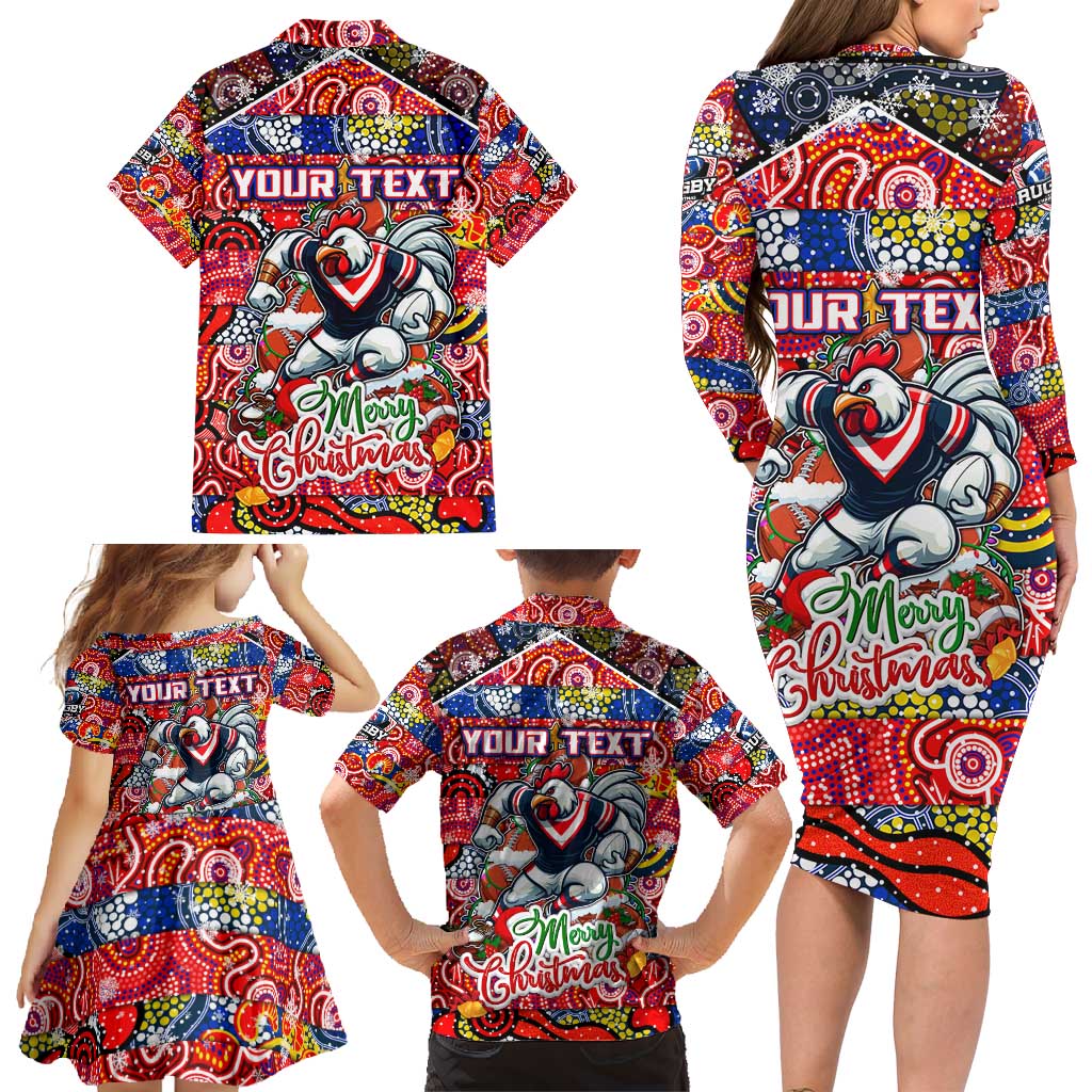 Custom Roosters Rugby Merry Christmas Family Matching Long Sleeve Bodycon Dress and Hawaiian Shirt Indigenous Australian Art