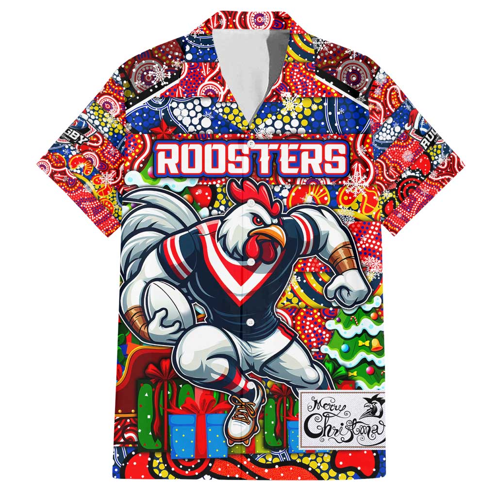 Custom Roosters Rugby Merry Christmas Family Matching Long Sleeve Bodycon Dress and Hawaiian Shirt Indigenous Australian Art