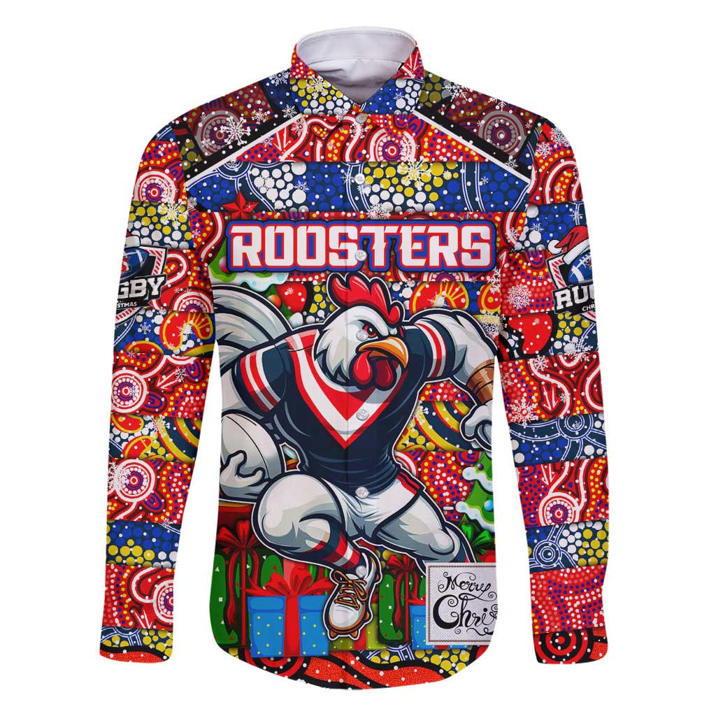 Custom Roosters Rugby Merry Christmas Family Matching Long Sleeve Bodycon Dress and Hawaiian Shirt Indigenous Australian Art