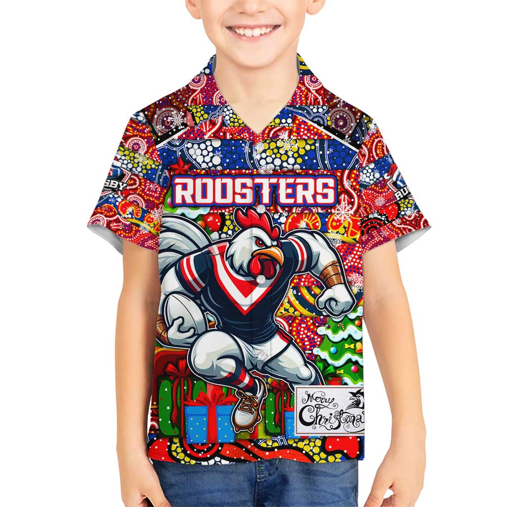 Custom Roosters Rugby Merry Christmas Family Matching Long Sleeve Bodycon Dress and Hawaiian Shirt Indigenous Australian Art