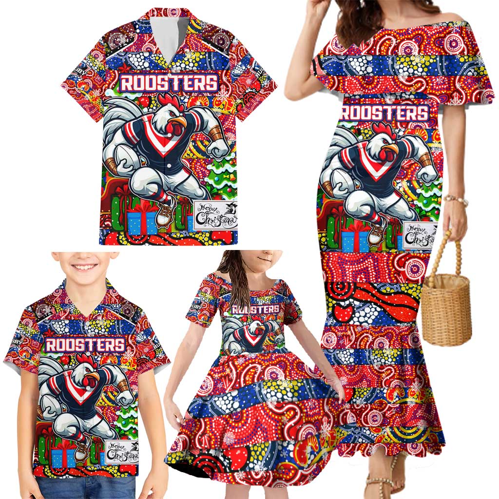 Custom Roosters Rugby Merry Christmas Family Matching Mermaid Dress and Hawaiian Shirt Indigenous Australian Art