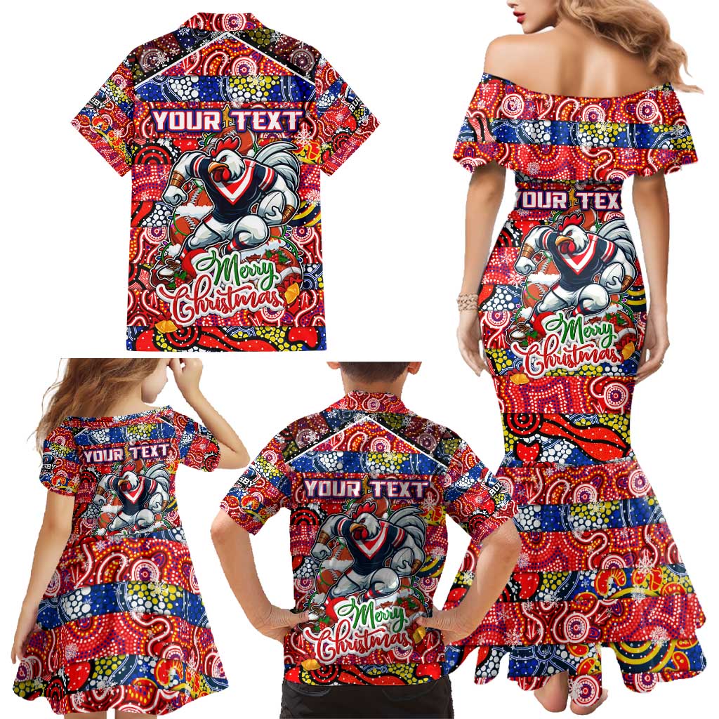 Custom Roosters Rugby Merry Christmas Family Matching Mermaid Dress and Hawaiian Shirt Indigenous Australian Art