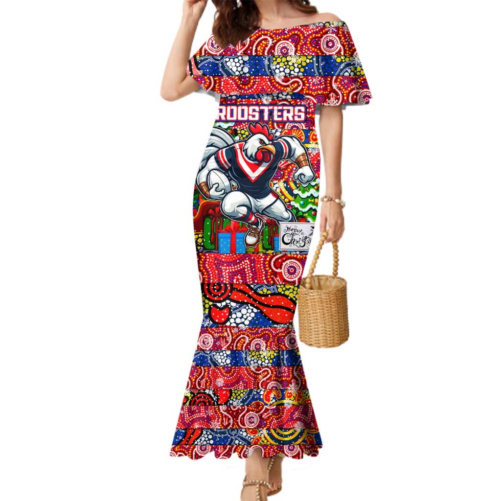 Custom Roosters Rugby Merry Christmas Family Matching Mermaid Dress and Hawaiian Shirt Indigenous Australian Art