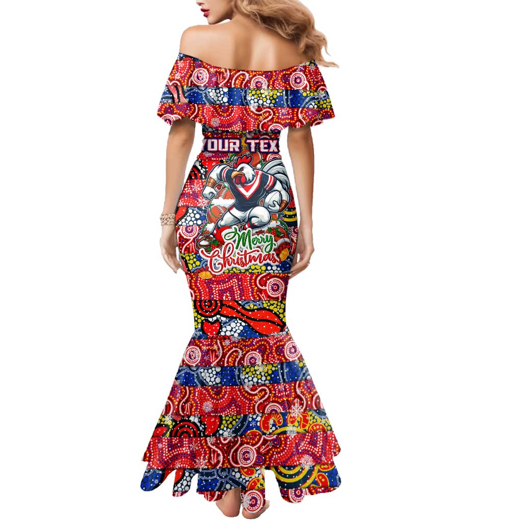 Custom Roosters Rugby Merry Christmas Family Matching Mermaid Dress and Hawaiian Shirt Indigenous Australian Art