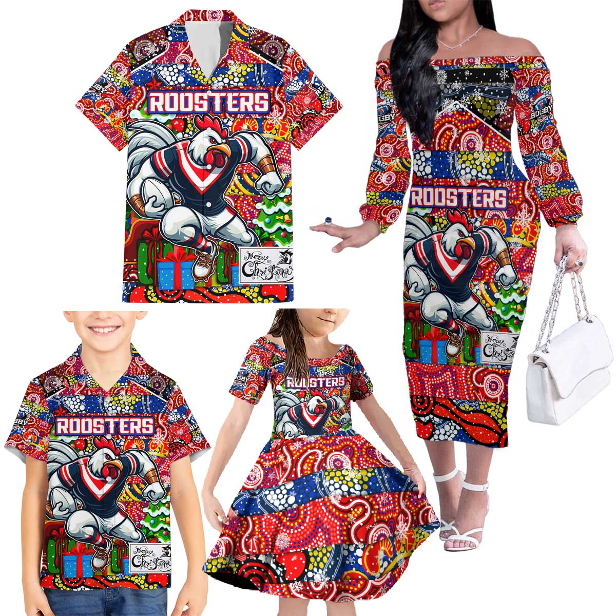 Custom Roosters Rugby Merry Christmas Family Matching Off The Shoulder Long Sleeve Dress and Hawaiian Shirt Indigenous Australian Art