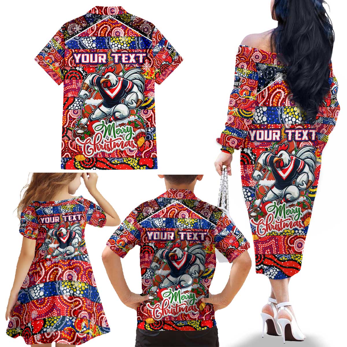 Custom Roosters Rugby Merry Christmas Family Matching Off The Shoulder Long Sleeve Dress and Hawaiian Shirt Indigenous Australian Art