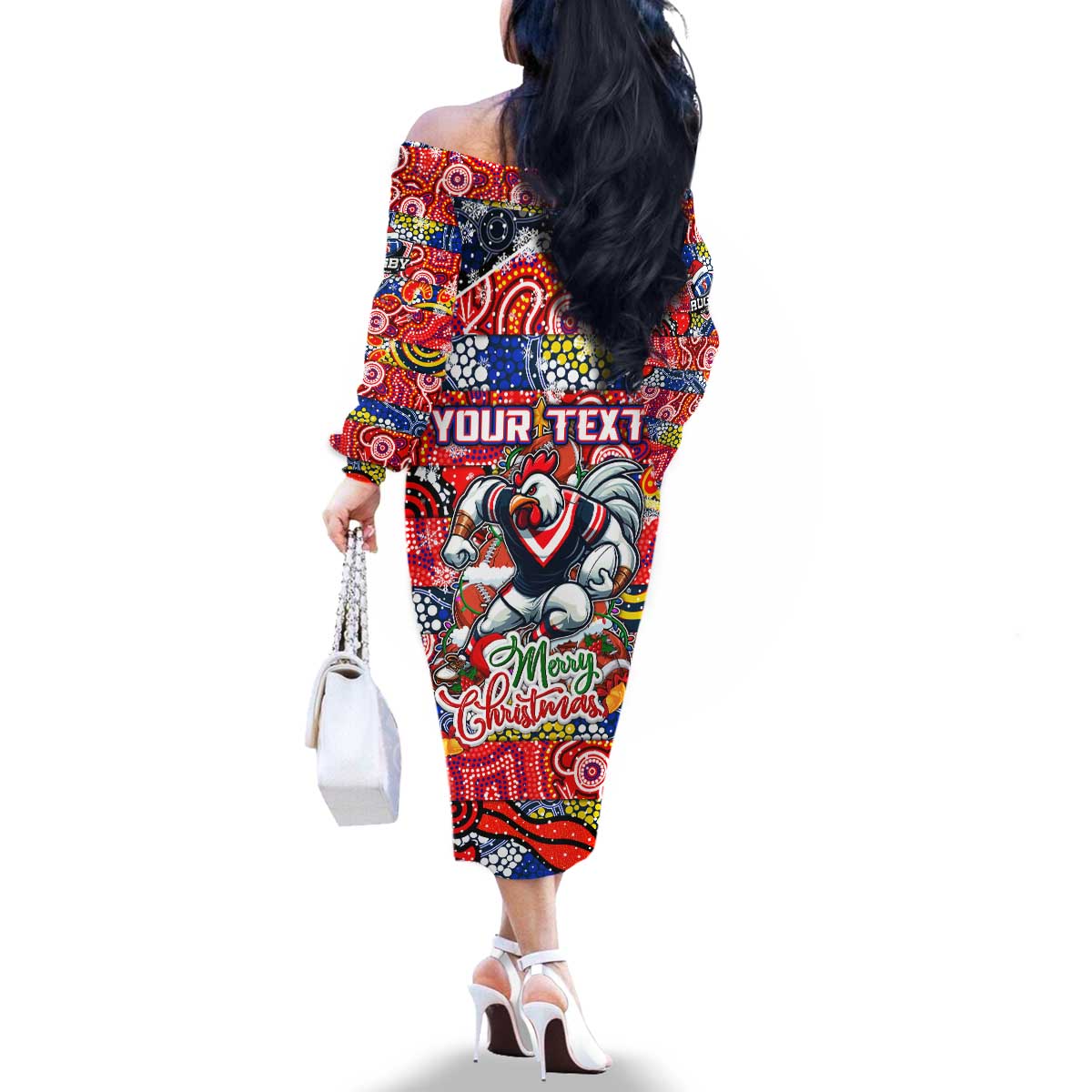 Custom Roosters Rugby Merry Christmas Family Matching Off The Shoulder Long Sleeve Dress and Hawaiian Shirt Indigenous Australian Art