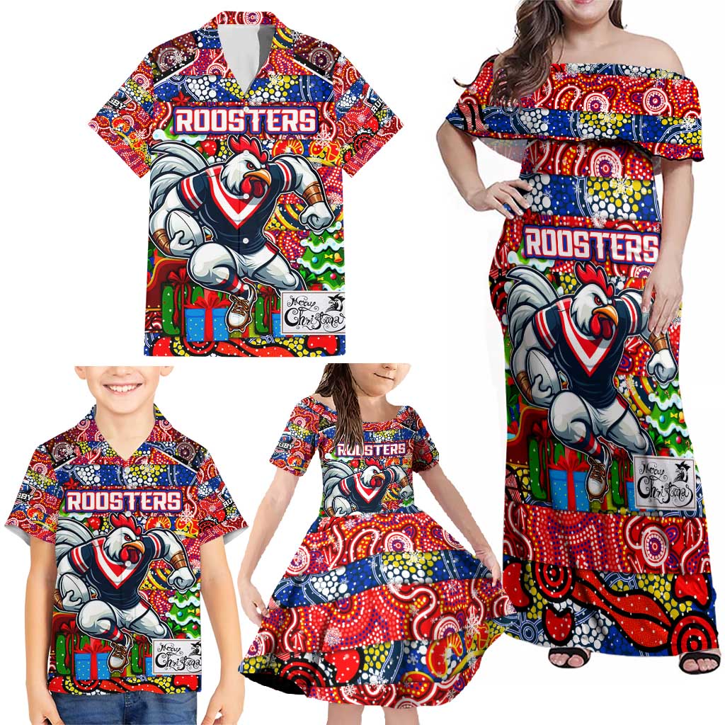 Custom Roosters Rugby Merry Christmas Family Matching Off Shoulder Maxi Dress and Hawaiian Shirt Indigenous Australian Art