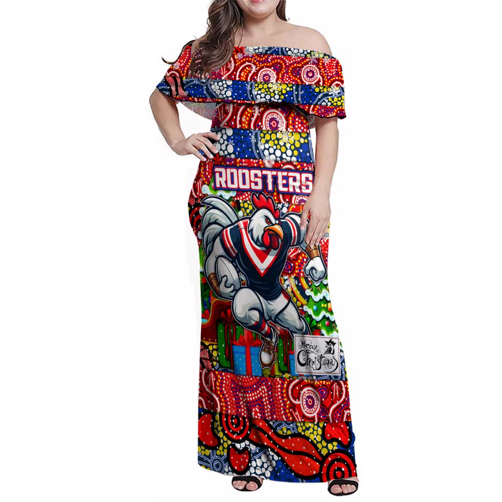 Custom Roosters Rugby Merry Christmas Family Matching Off Shoulder Maxi Dress and Hawaiian Shirt Indigenous Australian Art