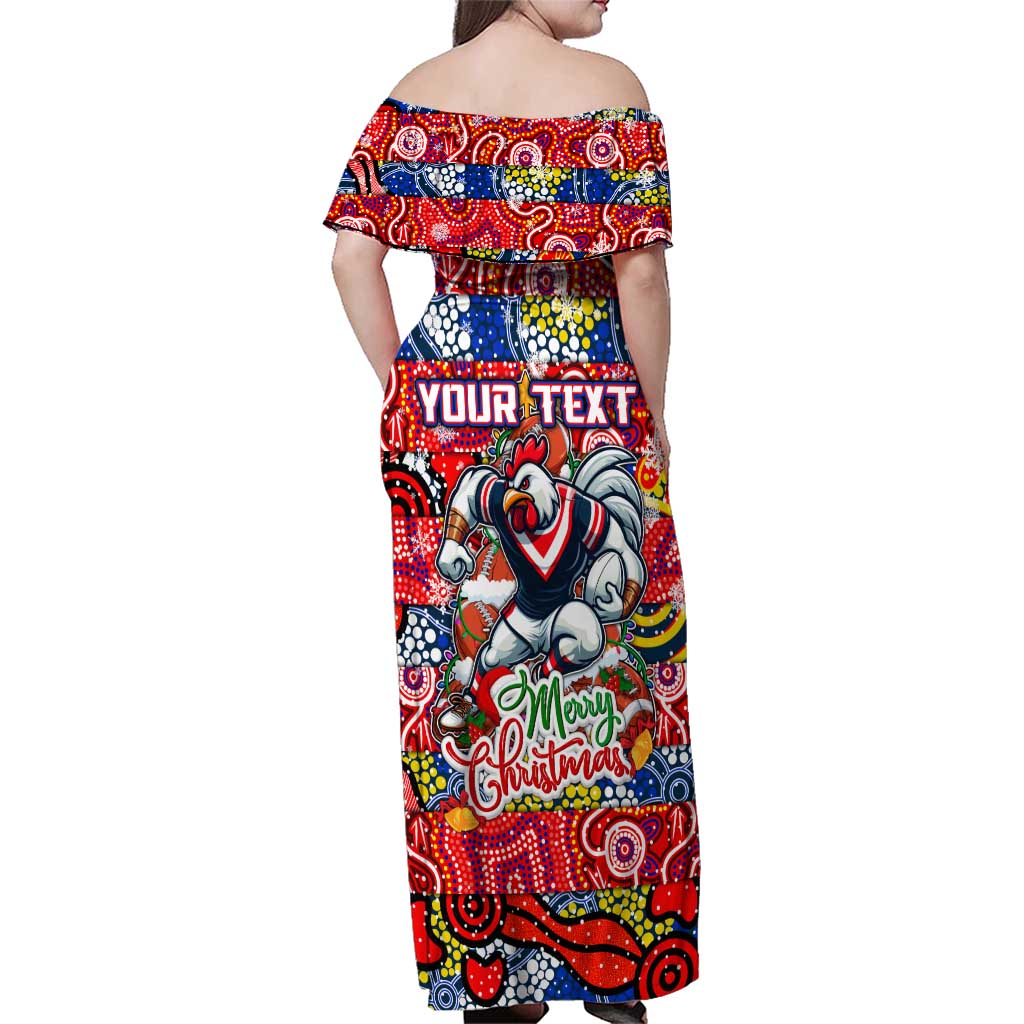 Custom Roosters Rugby Merry Christmas Family Matching Off Shoulder Maxi Dress and Hawaiian Shirt Indigenous Australian Art