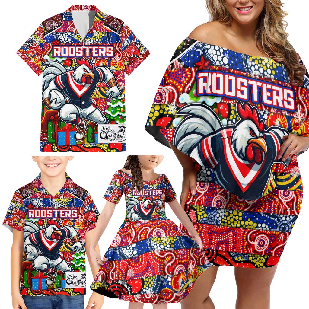 Custom Roosters Rugby Merry Christmas Family Matching Off Shoulder Short Dress and Hawaiian Shirt Indigenous Australian Art