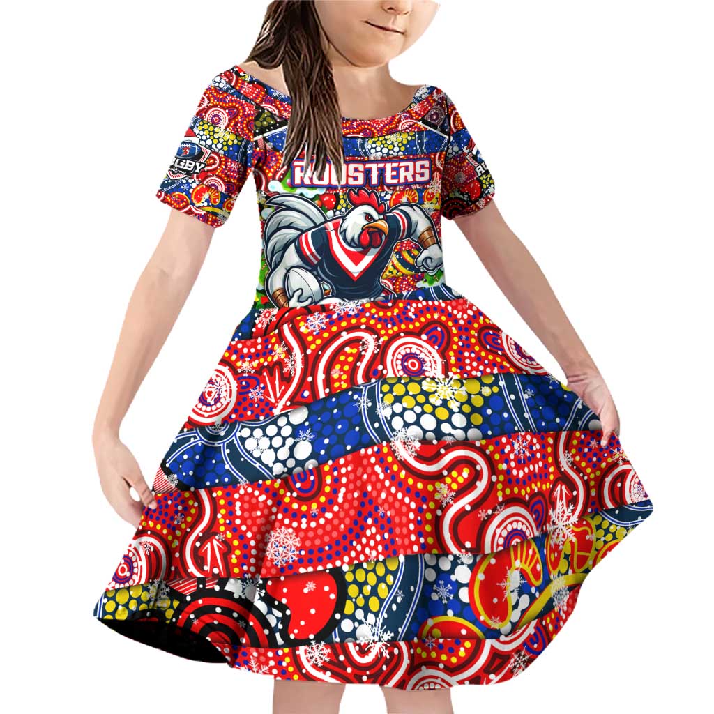 Custom Roosters Rugby Merry Christmas Family Matching Off Shoulder Short Dress and Hawaiian Shirt Indigenous Australian Art