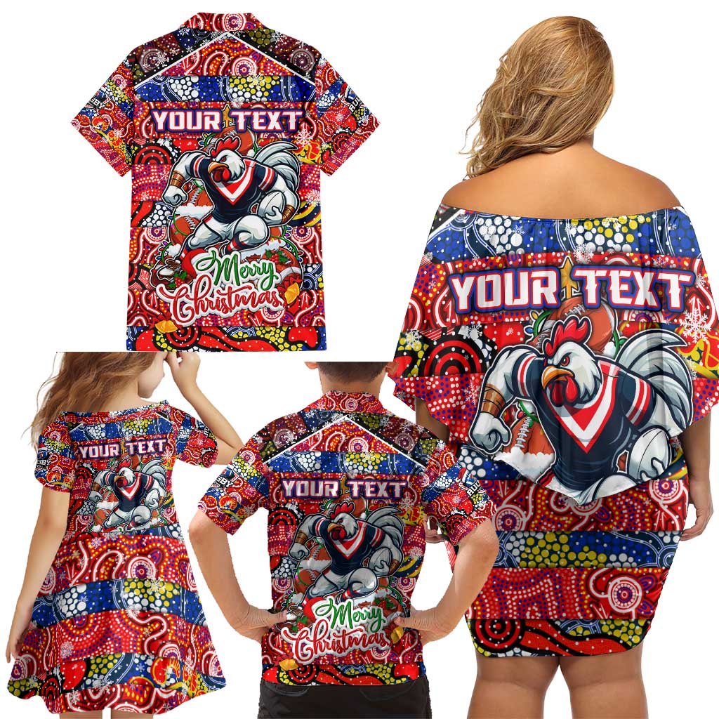 Custom Roosters Rugby Merry Christmas Family Matching Off Shoulder Short Dress and Hawaiian Shirt Indigenous Australian Art