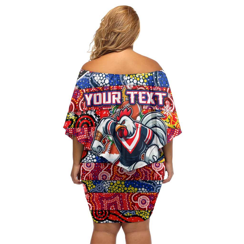 Custom Roosters Rugby Merry Christmas Family Matching Off Shoulder Short Dress and Hawaiian Shirt Indigenous Australian Art