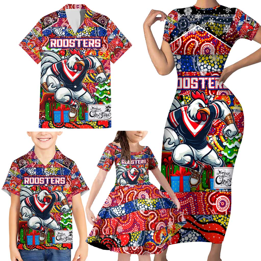 Custom Roosters Rugby Merry Christmas Family Matching Short Sleeve Bodycon Dress and Hawaiian Shirt Indigenous Australian Art